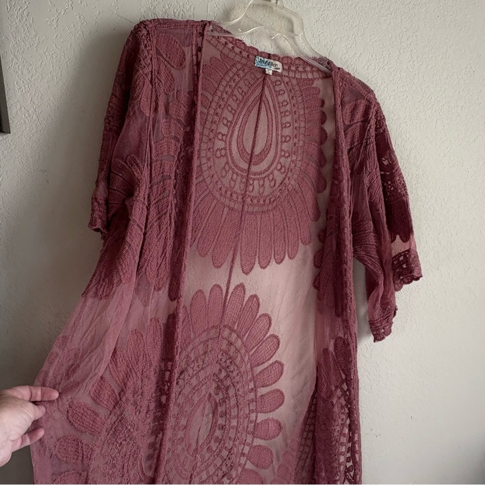 Rebellion Sheer Lace Duster/Kimono, Long Cardigan, Dark Rose Color, Sz. Small - Picture 5 of 12